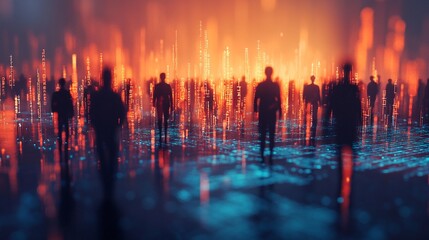 Wall Mural - silhouettes of people standing amidst glowing digital data streams, symbolizing the interconnected w