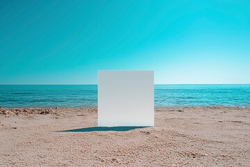 Blank White Sign on a Sandy Beach with Blue Ocean and Sky