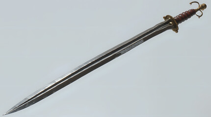 A Roman gladius, the iconic short, double-edged sword used by legionnaires, featuring a straight, sharp blade with a central ridge running down its length.