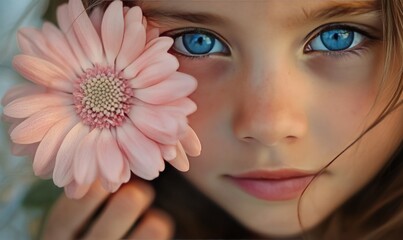 Poster - A young girl with blue eyes and a pink flower in her hand