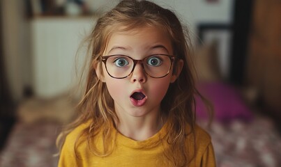 A young girl with glasses is looking surprised