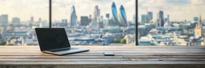 Laptop on wooden desk overlooking panoramic London skyline, symbolizing remote work in a global city. Modern technology meets iconic urban landscape.