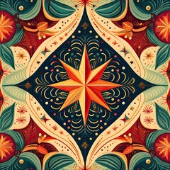 A repeating pattern of Scandinavian folk art Christmas tree ornaments in vibrant colors for holiday decor. Generative AI