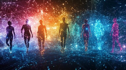 Wall Mural - silhouettes of diverse figures walking through a vibrant digital landscape, surrounded by colorful p
