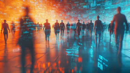 Wall Mural - silhouettes of people walking through a futuristic digital landscape, merging physical and virtual r