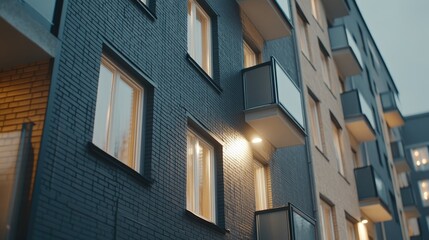 A new residential building showcases modern architecture with sleek black brick and minimalist design along a picturesque street on a cloudy day.