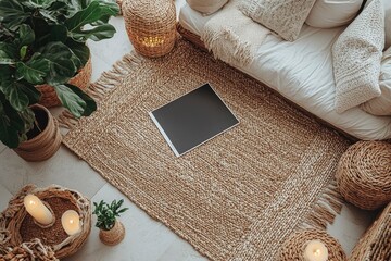 A Tablet on a Pebble-Textured Rug in a Boho-Chic Interior