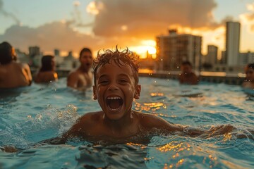 Boy swimming and smiling in a pool with sunset and city buildings in the background