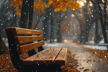 First snow in winter city park with autumn yellow leaves background. Side view bench in city park, winter holidays concept. City park landscape banner. Urban outdoor