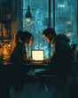 © Laurent - couple sitting together at a desk deeply focused as they look at a laptop in a dimly lit room with a city view outside