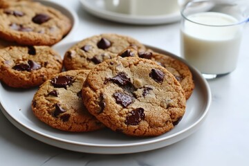 Wall Mural - Warm, gooey chocolate chip cookies, freshly baked and ready to dunk in a glass of cold milk. Pure delight!