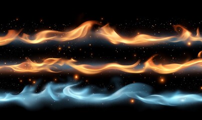 Wall Mural - Translucent fire flames and sparks with horizontal repetition on transparent background. For used on dark illustrations