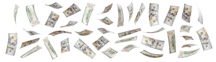 Wall Mural - Variety of Falling One Hundred Dollar Bills Isolated. Transparent PNG.