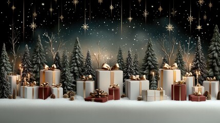 The tranquil winter landscape features gently falling snowflakes, adorned Christmas trees, and beautifully wrapped red gift boxes tied with gold ribbon, all under a starry sky