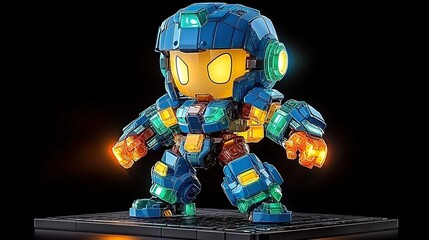 Colorful robotic figure with glowing features.