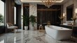 © azi - Luxurious bathroom interior with marble floor, freestanding bathtub, and gold accents.