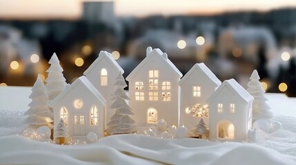 Small ceramic houses with festive decorations sit atop a snowy surface illuminated by warm golden lights, forming a peaceful winter scene in twilight