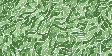 Elegant pattern of green and white doodles featuring an intricate network of wavy swirl lines 