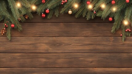 A beautifully arranged flat lay showcasing pine branches, golden lights, and decorative elements on a dark wooden background, perfect for holiday cards and banners