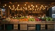 © stockagency - A vibrant market stall filled with fresh fruits and vegetables, illuminated by warm lights.