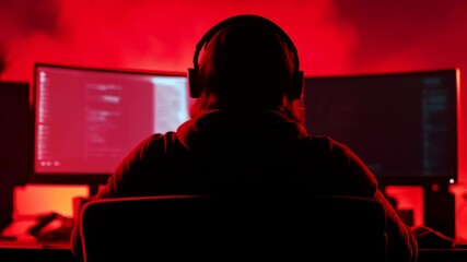 Aufkleber - Software developer is working late into the night, illuminated only by the glow of multiple computer monitors displaying lines of code