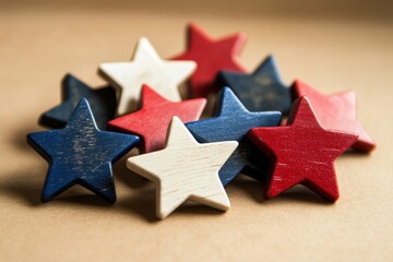 Red, white, and blue wooden stars on a light brown background for a USA national holiday decoration or patriotic concept Generative AI