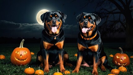 Rottweilers among pumpkins on the background of the moon on a cold Halloween night creates a cozy and mysterious atmosphere. The stakes are swirling in the air, adding to the mystery