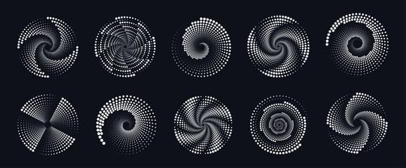 Set of white halftone dotted circles. Vector illustration of abstract white spiral circles with dots isolated on dark background. Circular logo. Poster. Banner. Design element.