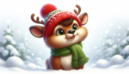 Sticker - Cute deer illustration in snowy landscape with scarf and wool hat. Christmas celebration time