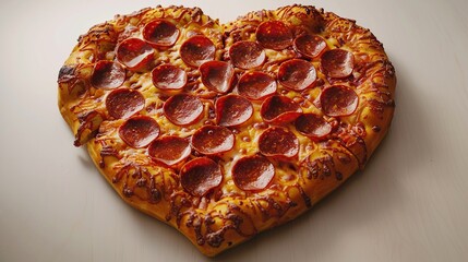 A heart-shaped pepperoni pizza with melted cheese on a white background. (1)