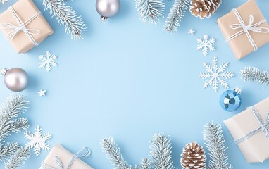 Wall Mural - Festive holiday decorations with gift boxes, ornaments, and pinecones on a blue background, perfect for seasonal celebrations