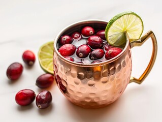 A glass of cranberry mule in a copper mug with cranberries and lime on a white background