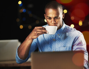 Poster - Office, laptop and businessman with coffee at night for website, research and online project. Corporate, working late and person with caffeine drink on computer for networking, internet and proposal