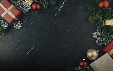 Wall Mural - Festive arrangement of Christmas gifts and decorations on a dark marble background for holiday celebrations