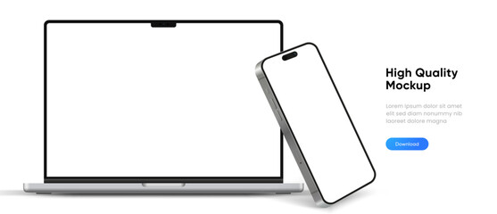 Leinwandbilder - Modern laptop mockup front view and smartphone mockup high quality isolated on white background. Notebook mockup and phone device mockup for ui ux app
