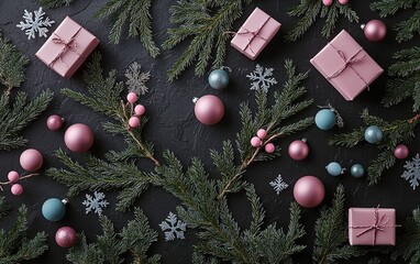 Decorative Christmas gifts and ornaments arranged on a dark background among evergreen branches and festive accents