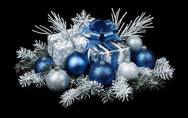 Wall Mural - A festive arrangement of blue and silver ornaments with wrapped gifts and winter foliage displayed against a black background