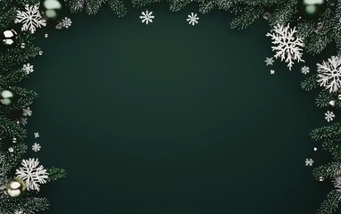 Wall Mural - Festive green background surrounded by silver snowflakes and ornaments, perfect for holiday greetings or winter celebrations