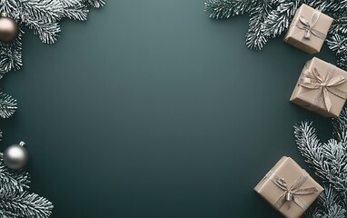 Wall Mural - Elegant holiday decorations with pine branches, silver ornaments, and beautifully wrapped gifts on a dark green background