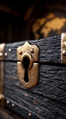 Close-up of an antique wooden chest with a brass keyhole.