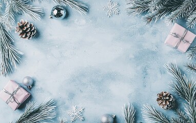 Wall Mural - Decorative winter arrangement with presents, pine cones, and snowflakes on a blue surface for holiday celebration