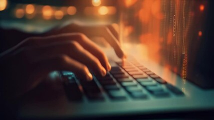 Aufkleber - Software developer types code on a laptop late at night, hands skillfully working in the dark office. Binary code illuminates the screen, creating a tech savvy ambiance