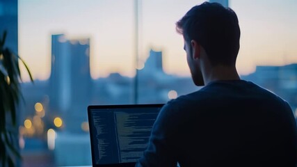 Aufkleber - Programmer codes on laptop in modern office with city view at sunset, illuminated by warm evening glow, focusing on software tasks as city lights twinkle through window
