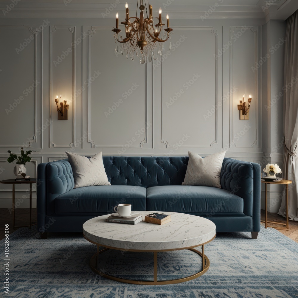 A luxurious living room with a blue velvet sofa, a marble coffee table ...