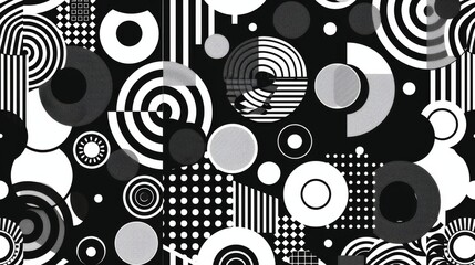 Black and white minimalistic abstract geometric seamless pattern featuring microcosm geometry elements. Ideal for wallpaper and decorative texture backdrops.