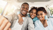 © Prostock-studio - Joyful African American Family Hugging Sitting In Car During Summer Road Trip. Parents And Daughter Posing In New Auto Smiling To Camera. Transportation, New Automobile Concept