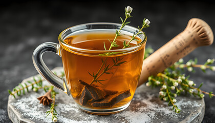 cup of tea from horsetail, made from fresh potion, from pharmacy mortar isolated with white highlights, png