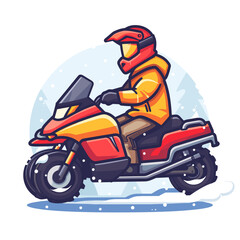 Vector illustration of motorcyclist in helmet riding motorcycle on snow.