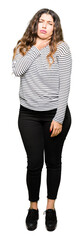 Wall Mural - Young beautiful woman wearing stripes sweater Touching painful neck, sore throat for flu, clod and infection