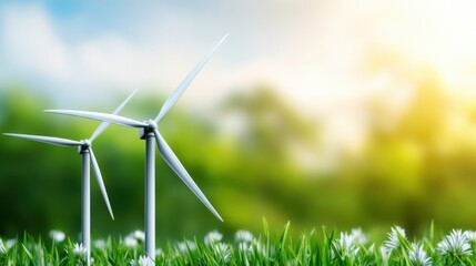 Wind turbines in a lush green field with daisies under a bright, sunny sky, AI